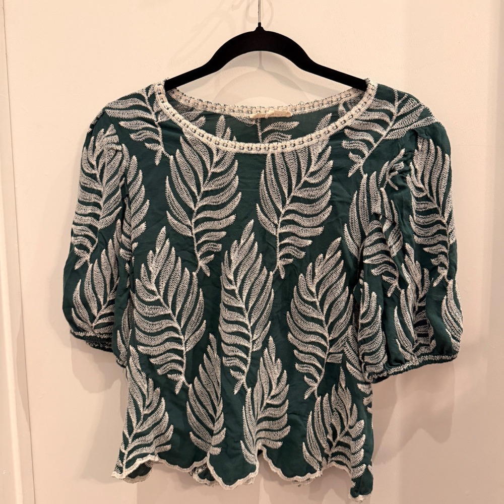 Solitaire Embroidered‎ Leaf Puff Sleeve Top Large Boho Cottagecore Green - Picture 2 of 6